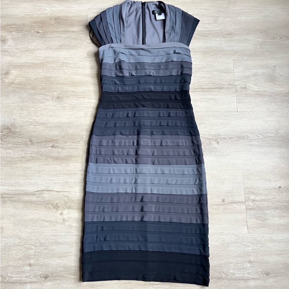 Tadashi Shoji Fitted Shutter Pleated Dress S Ombré Black Gray